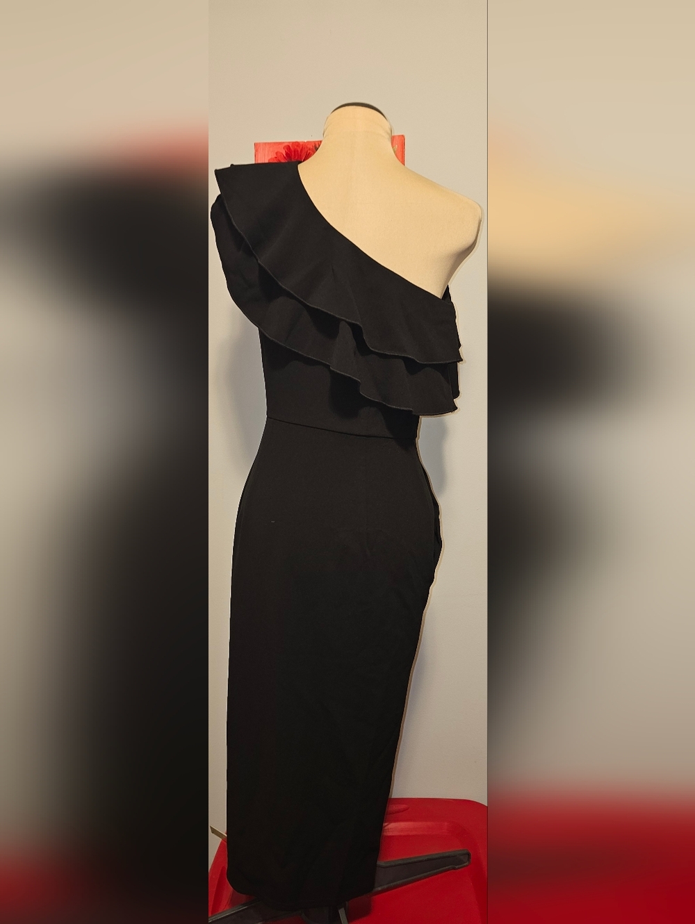 Grace Karin NWT One-Shoulder Black Ruffle Midi Dress Sz S - Picture 3 of 11